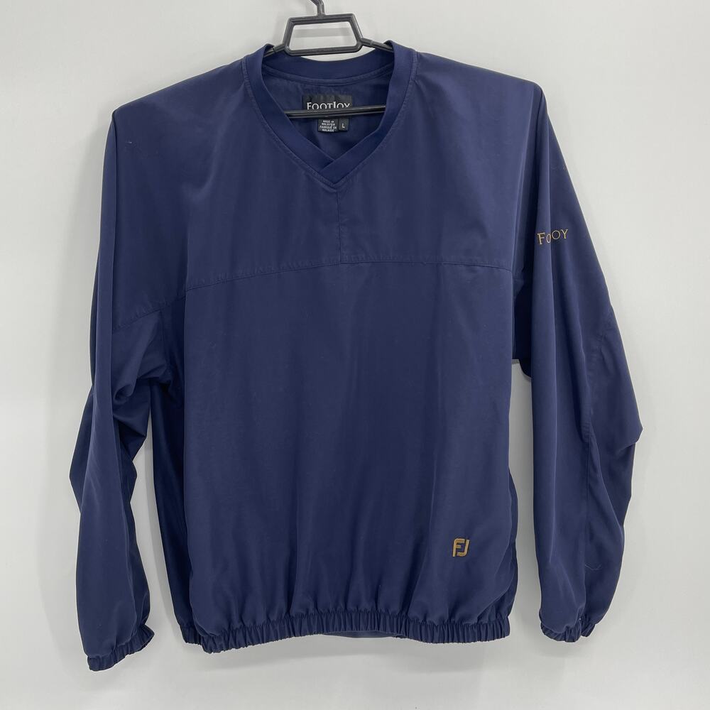 FOOTJOY Men's Windbreaker Size L Blue Pullover V-Neck Zip Pockets Logo